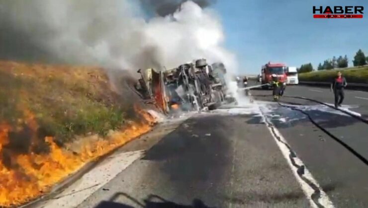 Akaryakıt yüklü tanker devrildi; yangın çıktı