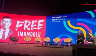 Portekiz'deki Eurocities sahnesinde Free İmamoğlu görseli yansıtıldı