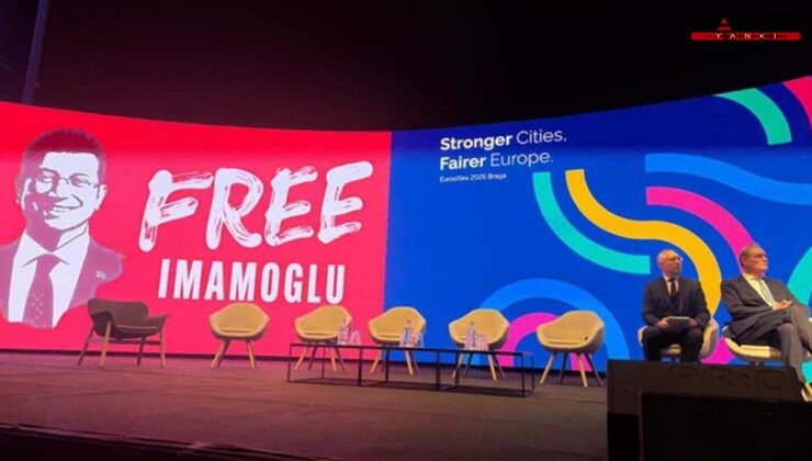 Portekiz'deki Eurocities sahnesinde Free İmamoğlu görseli yansıtıldı
