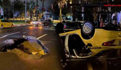 Vatan Caddesi'nde yol çöktü: Taksi takla attı