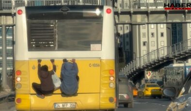 Beykoz'da otobüsün arkasında tehlikeli yolculuk