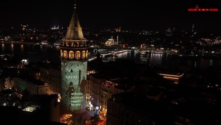 Galata Kulesi'ne savaşlarda engelli kalan çocuklar ve sivillerin videosu yansıtıldı