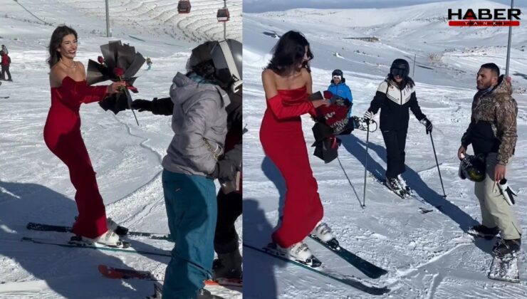 Kayak merkezinde kırmızı elbiseli kadını gören şaşırdı, yaptığı ise herkesi mest etti