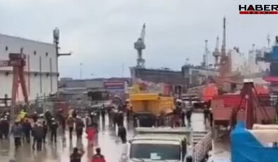 Tuzla'da tersaneler bölgesinde vinç devrildi